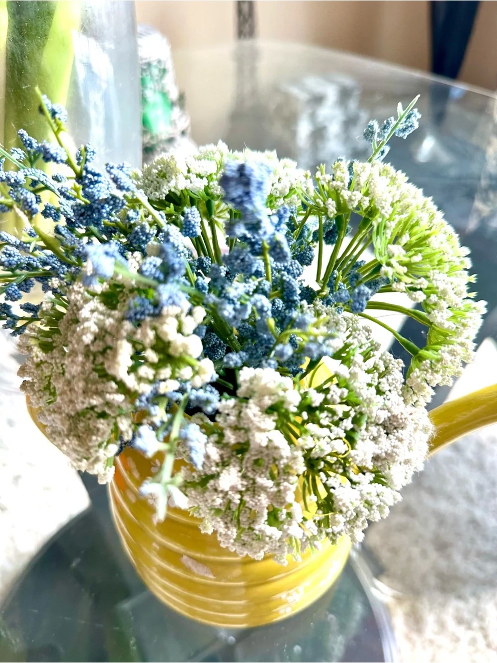 Yellow Ceramic Bee Hive Watering Can Vase with Blue & White Floral Accents 10x10